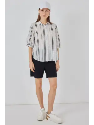 Çizgili Kısa Kol Gömlek 20345 - Taş