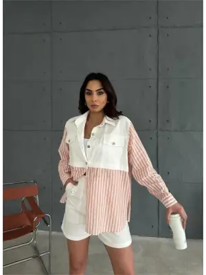 Omarı Çizgili Keten Garnili Ceket Takım - Orange SEOoptimize