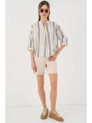 Çizgili Oversize Bluz 967 - Bej