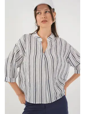 Çizgili Oversize Bluz 967 - F.Lacivert