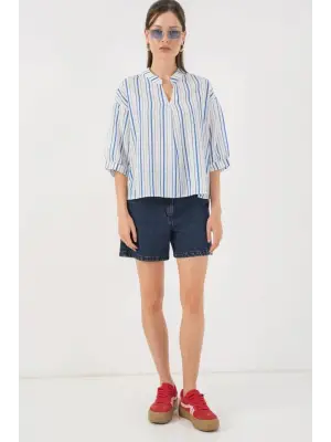 Çizgili Oversize Bluz 967 - Mavi
