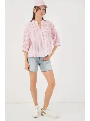 Çizgili Oversize Bluz 967 - Pudra