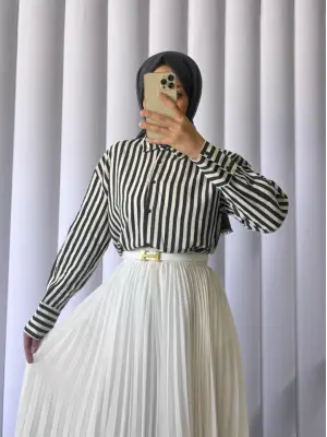 Omarı Trendy Oversize Çizgili Düğmeli Siyah Gömlek