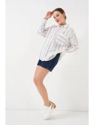 Çizgili Oversize Gömlek 20278 - B.Beyaz