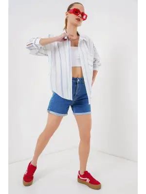 Çizgili Oversize Gömlek 20278 - Beyaz