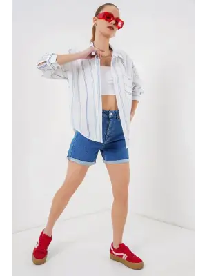 Çizgili Oversize Gömlek 20278 - Beyaz