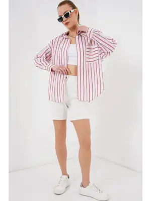 Çizgili Oversize Gömlek 20278 - Kırmızı