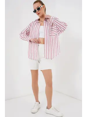 Çizgili Oversize Gömlek 20278 - Kırmızı