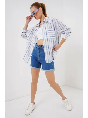 Çizgili Oversize Gömlek 20278 - Mavi