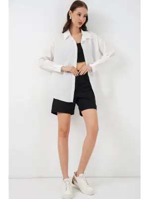 Çizgili Oversize Gömlek 20293 - Beyaz