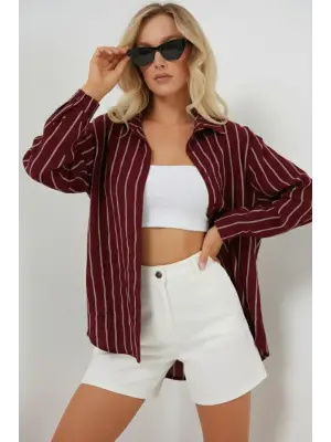 Çizgili Oversize Gömlek 20293 - Bordo