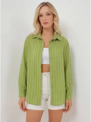 Çizgili Oversize Gömlek 20293 - E.Yeşil