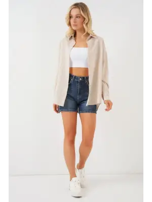 Çizgili Oversize Gömlek 20293 - Krem