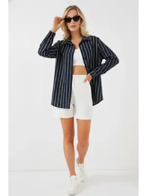 Çizgili Oversize Gömlek 20293 - Lacivert