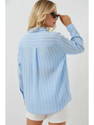 Çizgili Oversize Gömlek 20293 - Mavi