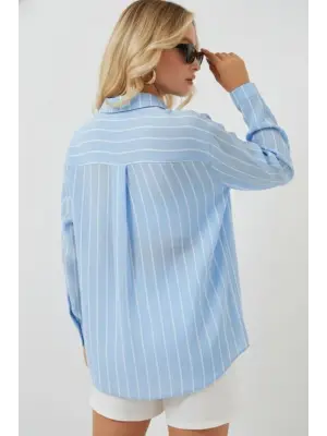 Çizgili Oversize Gömlek 20293 - Mavi