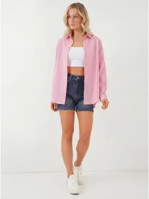 Çizgili Oversize Gömlek 20293 - Pembe