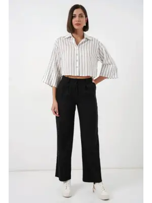 Çizgili Oversize Kısa Gömlek 20326 - B.Beyaz