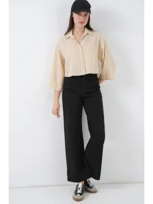 Çizgili Oversize Kısa Gömlek 20326 - Bej