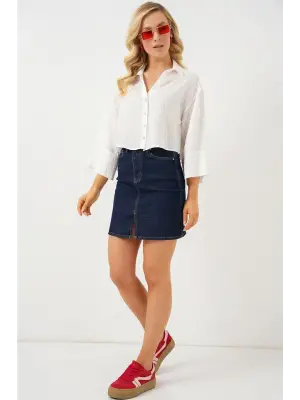 Çizgili Oversize Kısa Gömlek 20326 - Beyaz