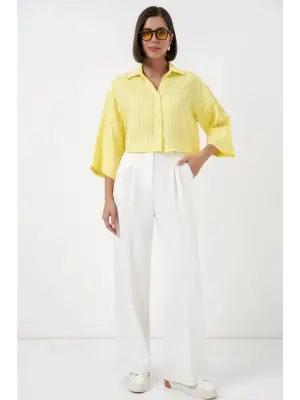 Çizgili Oversize Kısa Gömlek 20326 - Sarı