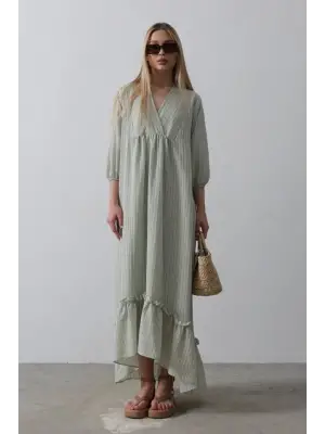 Çizgili Oversize V Yaka Elbise - Haki