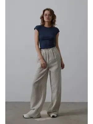 Omarı Çizgili Pamuklu Lastikli Pantolon - Trendy Yazlık Stil