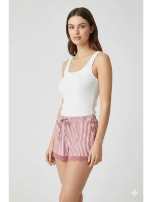 Çizgili Penye Kadın Ev Şortu Bacak Dantel Detaylı Ev Giyim Fuşya