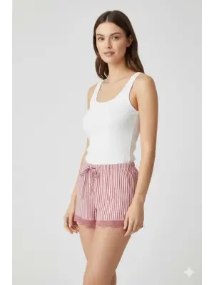 Çizgili Penye Kadın Ev Şortu Bacak Dantel Detaylı Ev Giyim Fuşya