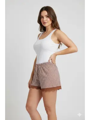 Çizgili Kahverengi Penye Kadın Ev Şortu Ev Giyim