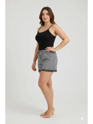 Siyah Çizgili Penye Kadın Ev Şortu Ev Giyim