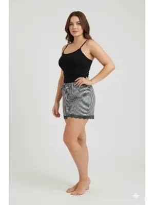 Çizgili Penye Kadın Ev Şortu Bacak Dantel Detaylı Ev Giyim Siyah