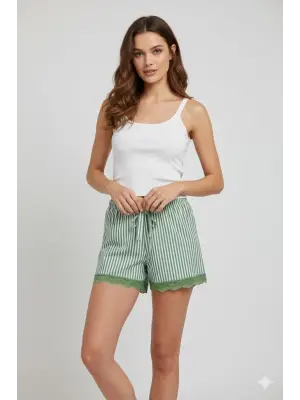 Yeşil Çizgili Penye Kadın Ev Şortu Ev Giyim