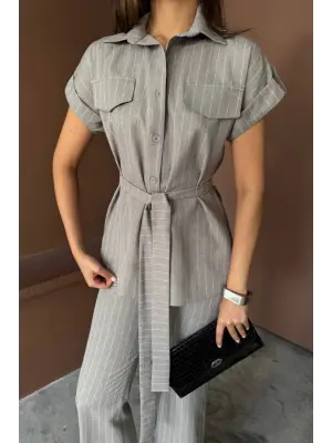 ÇİZGİLİ POLYVİSKON BLUZ - PANTOLON TAKIM - Gri