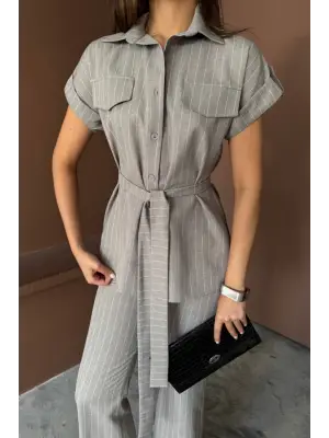 Omarı Çizgili Takım Gri Bluz Pantolon