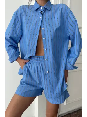 Omarı Çizgili Poplin Gömlek ve Şort Takımı - Mavi