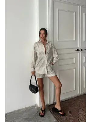 Omarı Çizgili Poplin Gömlek ve Şort Takımı - Bej