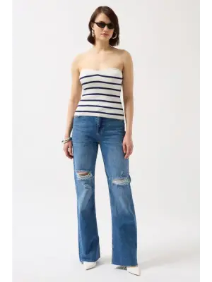 Çizgili Straplez Dokulu Bluz