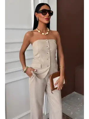 Omarı Çizgili Straplez Takım Pantolon - Şık ve Rahat