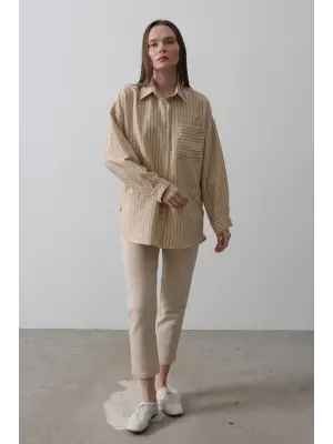 Çizgili Tek Cep Gömlek - Taş