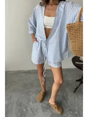 ÇİZGİLİ TUNİK -ŞORT TAKIM - Mavi