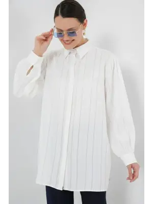 Çizgili Uzun Gömlek Tunik 5947 - Beyaz