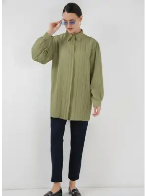 Çizgili Uzun Gömlek Tunik 5947 - Çağla