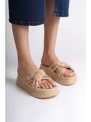 Düz Topuklu Kurdele Desenli Taşlı Ayakkabı Kadın Terlik