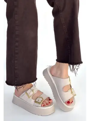 Coer Bej Süet Çift Tokalı Terlik