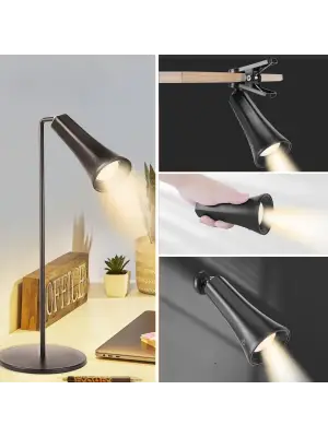 Çok Amaçlı Güçlü Manyetik Başlıklı 4’ü 1 Arada Portatif Siyah LED Lamba Masaüstü, El Feneri, Duvara Asılabilir ve Mandallı Klipsli Işık