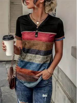 Omarı Çok Renkli V Yakalı Kadın Kısa Kollu Bluz