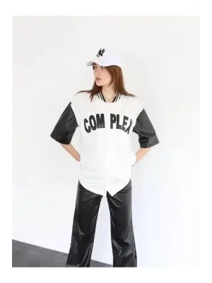 Complex Kolları Deri Kolej Oversize T-shirt - Beyaz