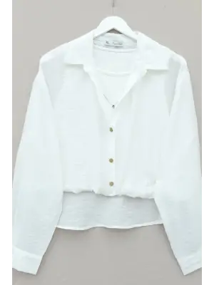 Crop Badyli  Kolyeli Arkası Uzun Gömlek -Ekru