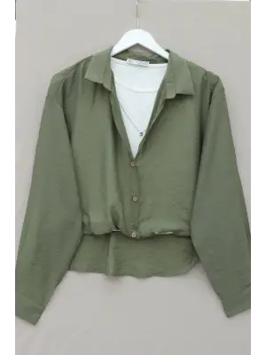 Crop Badyli  Kolyeli Arkası Uzun Gömlek -Haki